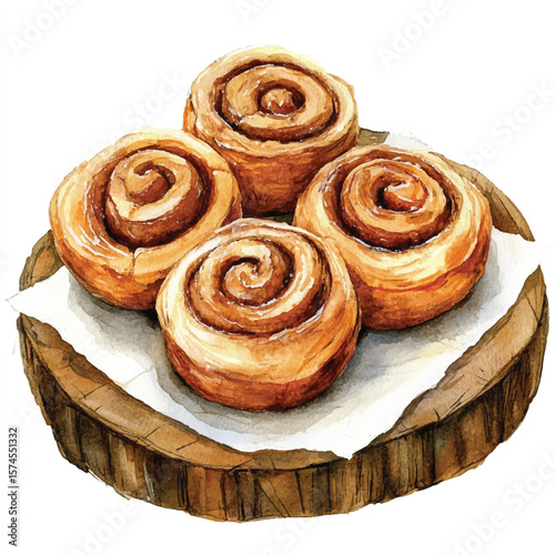Watercolor depiction of four freshly baked cinnamon rolls on a wooden platter