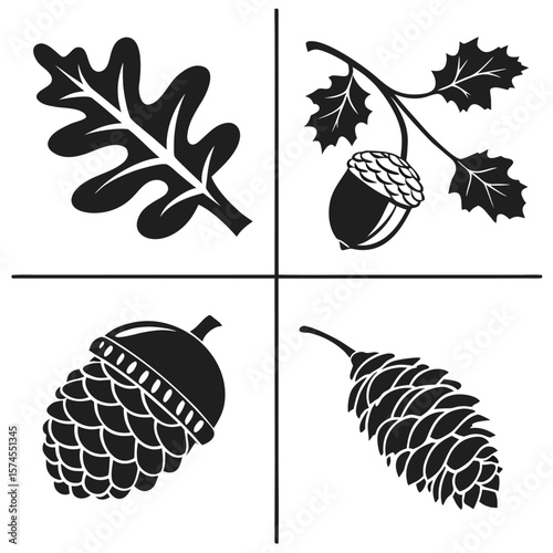 Oak leaf acorn pinecone botanical silhouettes nature
