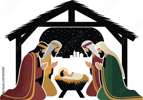 Illustration of baby jesus in a manger with four men kneeling and a stable with stars behind it