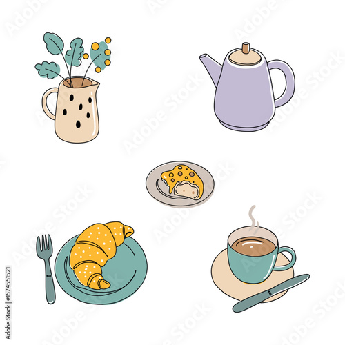 Cozy breakfast layout with a croissant, coffee, teapot, and decorative pitcher