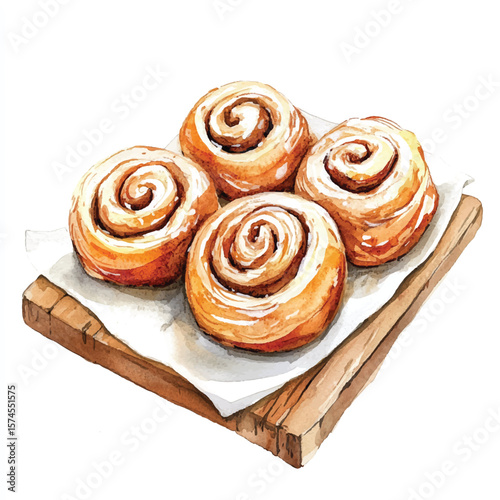 Watercolor depiction of four freshly baked cinnamon rolls on wooden board