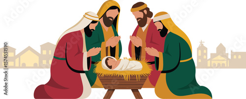 Illustration of the nativity scene with three men and baby jesus in a manger with buildings