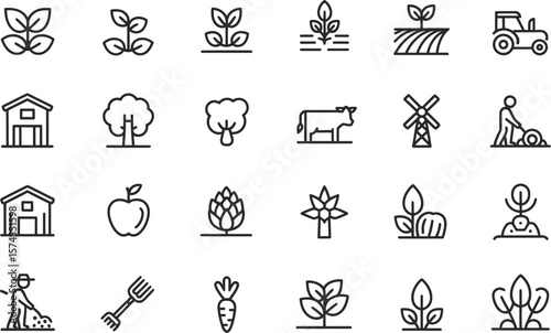 Collection of farming and agriculture related icons in outline style on a white background