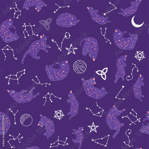 Mystical seamless pattern of cats in boho style, silhouette collection. Esotericism and mysticism, occultism. Cartoon flat vector illustrations, isolated