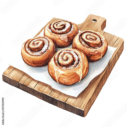Watercolor depiction of four frosted cinnamon rolls on wooden cutting board