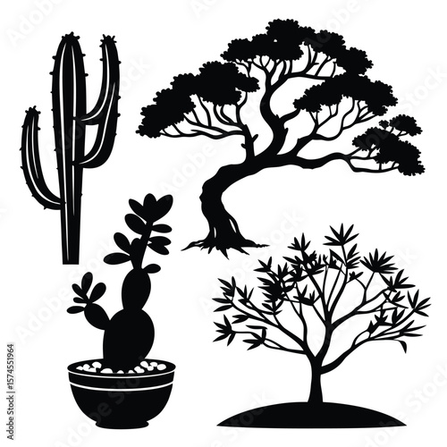 Black silhouettes of diverse trees and cacti cactus succulent