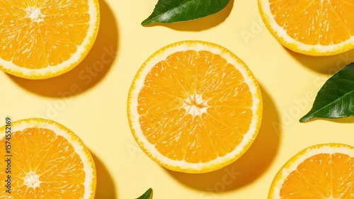 Sliced oranges are interspersed with green leaves on a yellow background