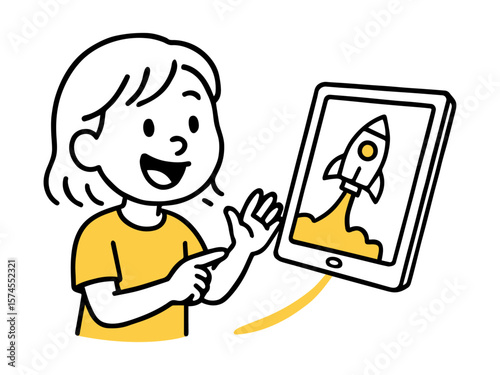 Happy Girl Interacting with Tablet, Rocket Launching from Screen. Innovation, Digital Learning, Educational Concept Doodle Line Art Hand-Drawn Vector Illustration.