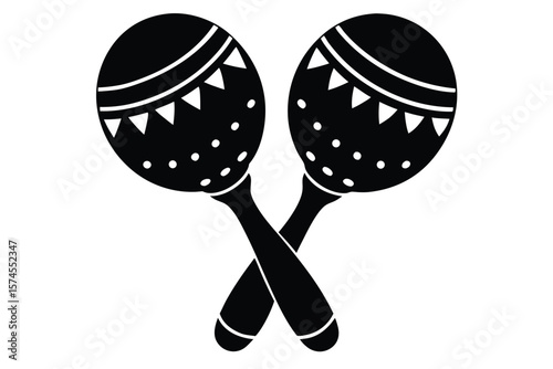 Black silhouette of two crossed maracas with decorative patterns
