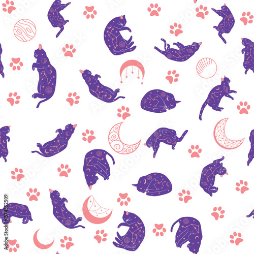 Mystical seamless pattern of cats in boho style, silhouette collection. Esotericism and mysticism, occultism. Cartoon flat vector illustrations, isolated