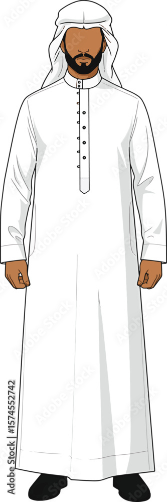 Standing man clad in traditional Emirati dress, a thobe and ghutra, showcasing cultural attire and minimalist fashion Standing man clad in traditional Emirati dress, a thobe and ghutra, showcasing cultural attire and minimalist fashion
