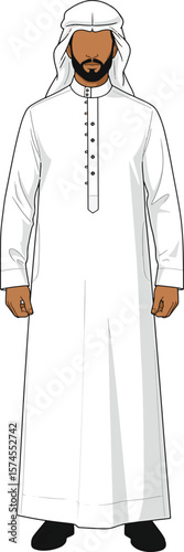 Standing man clad in traditional Emirati dress, a thobe and ghutra, showcasing cultural attire and minimalist fashion