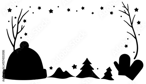 Black winter silhouette frame with hat and mittens, seasonal cozy accessories