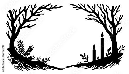 Winter frame silhouette with icicles and candle flame contrast, holiday decor