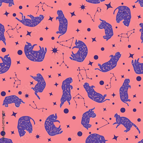 Mystical seamless pattern of cats in boho style, silhouette collection. Esotericism and mysticism, occultism. Cartoon flat vector illustrations, isolated