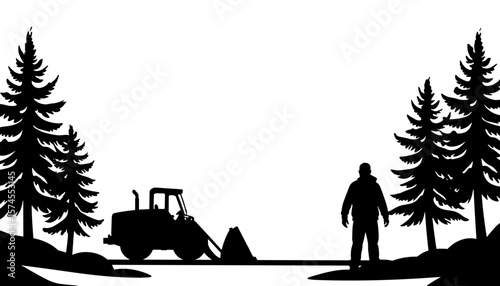 Silhouette of snowplow and man with trees on winter trail, urban cleanup scene