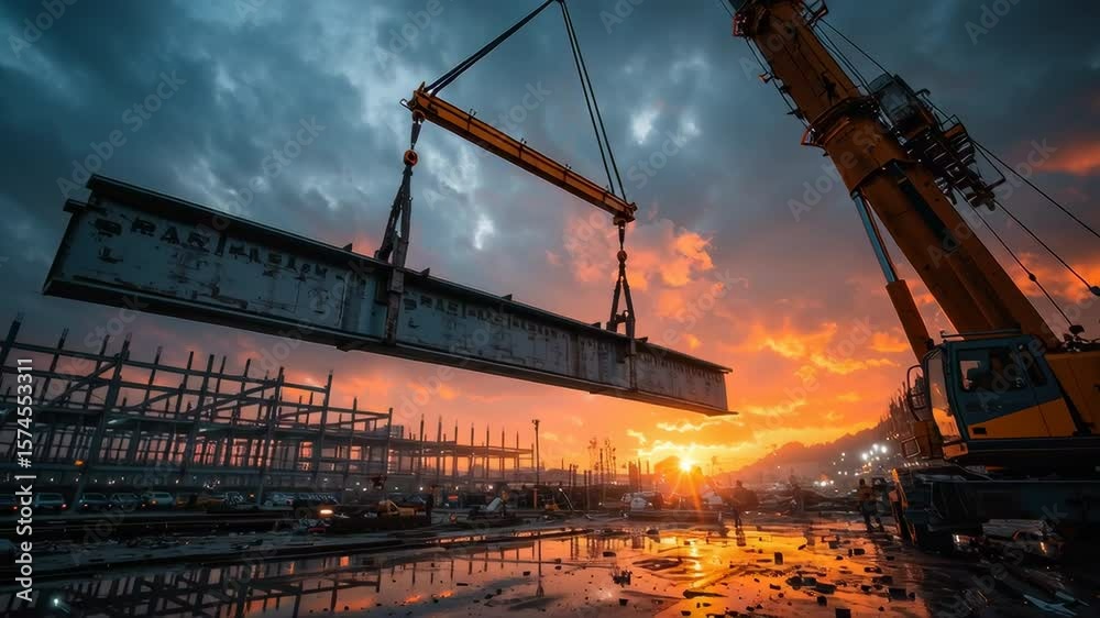 A construction crane lifting a large steel beam into place for a new factory building, sunrise background, symbolizing progress and future, epic scale, ultra-detailed,