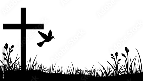 Silhouette of dove flying over cross, Easter peace and resurrection