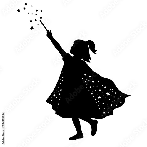 Silhouette of child with starry cloak and wand, fantasy and imagination theme