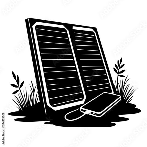 Silhouette of portable solar panel and power bank on ground, sustainable energy outdoors