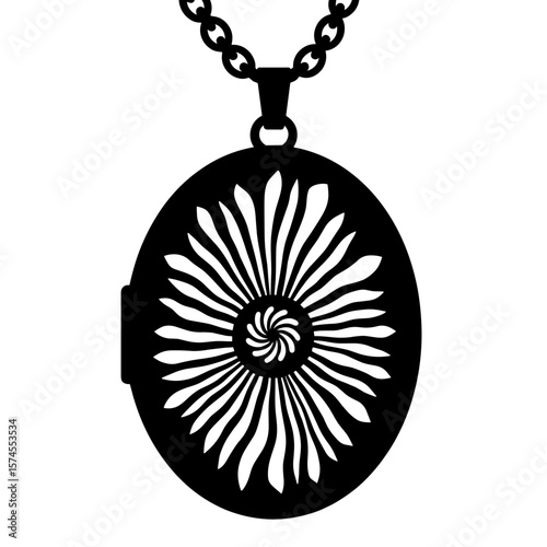 Silhouette of locket pendant with sunburst pattern, vintage jewelry design