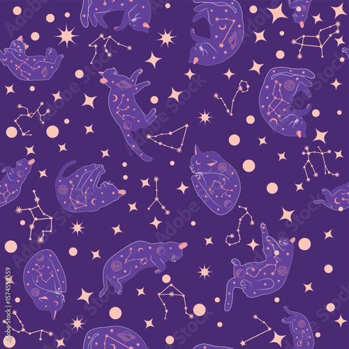 Mystical seamless pattern of cats in boho style, silhouette collection. Esotericism and mysticism, occultism. Cartoon flat vector illustrations, isolated