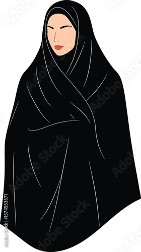 Illustration of a woman wearing a traditional black hijab, a Muslim headscarf, showcasing minimalist design and cultural representation.