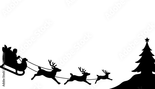 Silhouette of Santa's sleigh with reindeer and tree, Christmas festive journey border