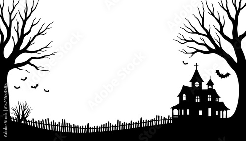 Haunted house silhouette with eerie trees, Halloween spooky decoration