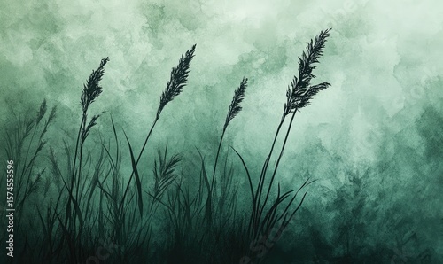 Silhouetted grasses against a misty, teal-green backdrop
