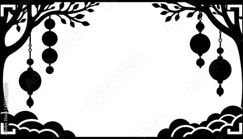 Silhouette of Chinese New Year decorations with hanging coins, festive prosperity