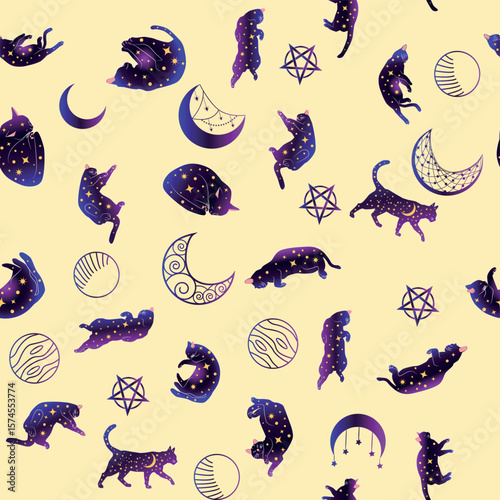 Mystical seamless pattern of cats in boho style, silhouette collection. Esotericism and mysticism, occultism. Cartoon flat vector illustrations, isolated