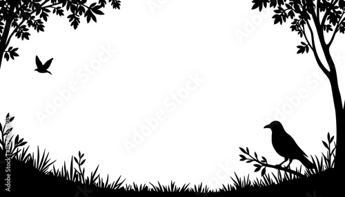 Silhouette of crow on branch in forest frame, autumn wildlife scene with copyspace