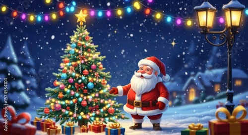 Santa Claus admires a beautifully decorated Christmas tree on a snowy evening surrounded by presents