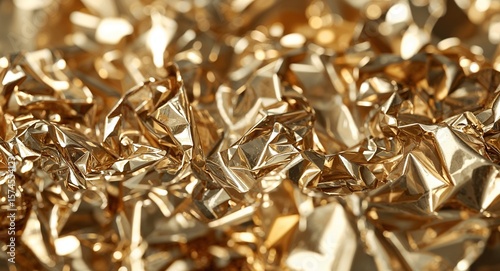 A close up shot of crumpled gold foil creating a textured and shiny abstract background surface