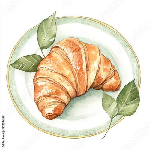 Watercolor Croissant on Elegant Plate with Leaves