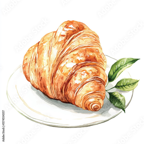 Watercolor Croissant on Plate with Delicate Leaves (1)