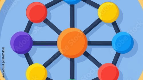 Colorful geometric design featuring interconnected circles arranged in a radial pattern.