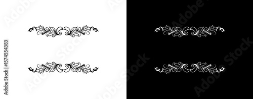 Elegant symmetrical dividers for text, isolated vector image, design element for postcards and typography, two design variants - on transparent and black backgrounds