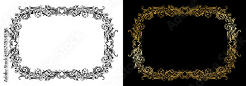 Ornate decorative frames, isolated vector image, design element for postcards and typography, two design variants - on transparent and black backgrounds