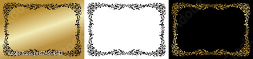 Decorative exquisite frames, isolated vector image, design element for postcards and typography, three design variants - on gold, transparent and black backgrounds