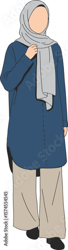 Full length illustration of a woman wearing a stylish hijab, tunic, and pants, suitable for modest fashion concepts.