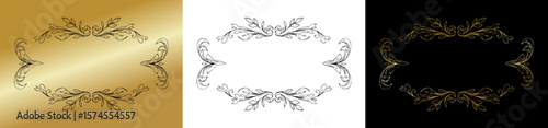 Decorative frames, isolated vector image, design element for postcards and typography, three design variants - on gold, transparent and black backgrounds