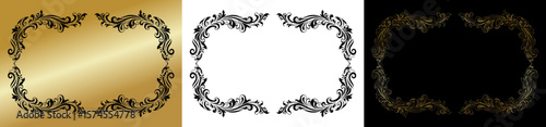 Ornate decorative frame, isolated vector image, design element for postcards and typography, three design variants - on gold, transparent and black backgrounds