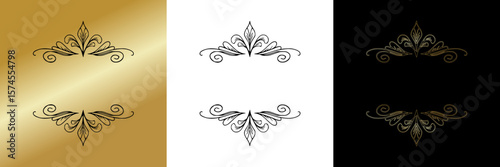 Elegant symmetrical text dividers, isolated vector image, design element for postcards and typography, three design variants - on gold, transparent and black backgrounds