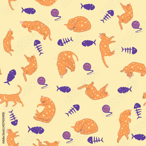 Mystical seamless pattern of cats in boho style, silhouette collection. Esotericism and mysticism, occultism. Cartoon flat vector illustrations, isolated