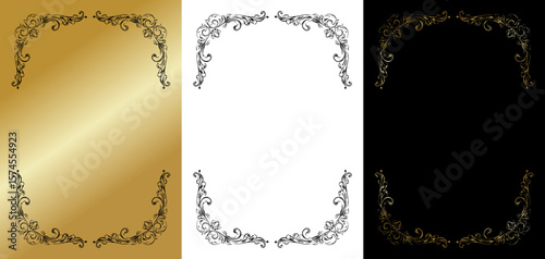 Decorative frame design element, isolated vector image, design element for postcards and typography, three design variants - on gold, transparent and black backgrounds