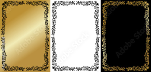 Elegant ornate frame, isolated vector image, design element for postcards and typography, three design variants - on gold, transparent and black backgrounds