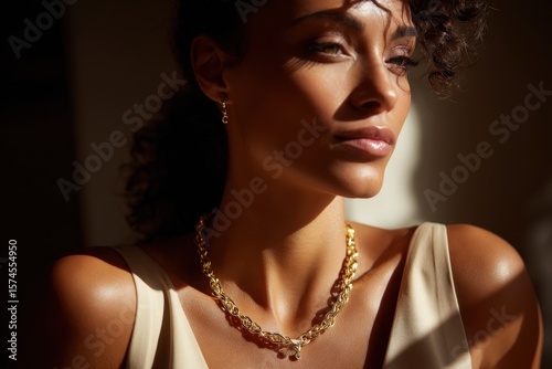 Close-up of a stylish young woman with curly hair wea elegant jewelry and off-shoulder top under warm natural light highlighting facial features