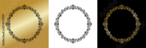 Decorative round frame, isolated vector image, design element for postcards and typography, three design variants - on gold, transparent and black backgrounds